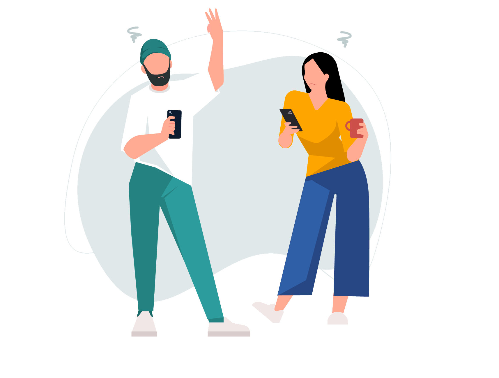 Image représentant des personnes sur leur téléphone et tablette qui semblent impatientes