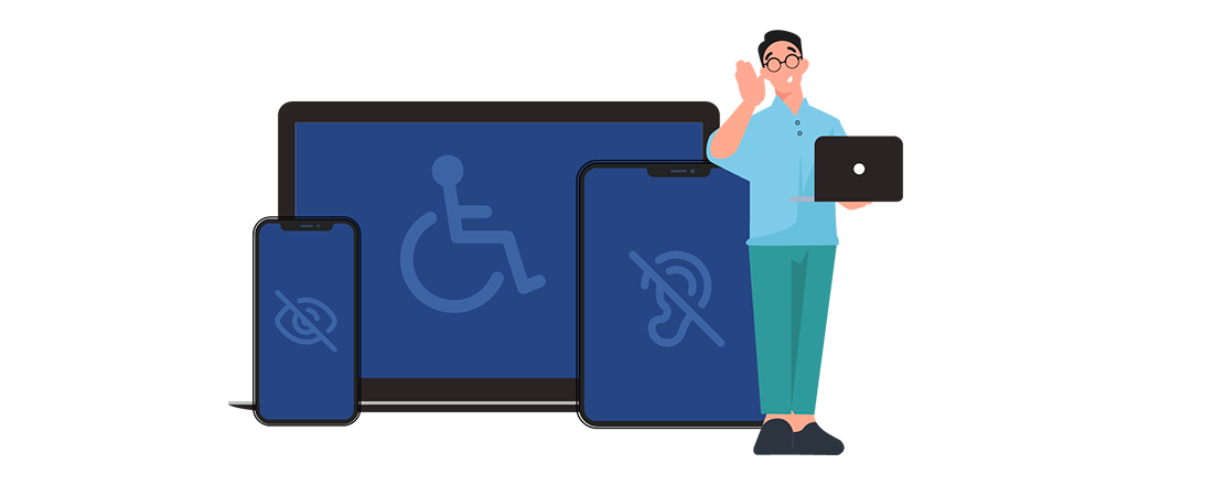 Homme tenant un ordinateur à la main à côté d'une ordinateur, d'une tablette et d'un téléphone doté de signes indiquant le handicap physique, visuel et auditif.